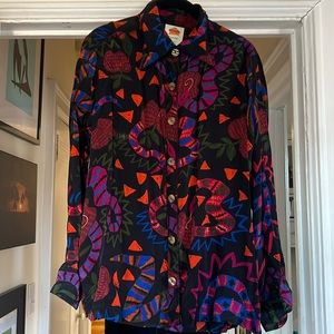 Farm Rio Jungle Fruits Pajama Shirt In Snake Fruit button up blouse,  Size L